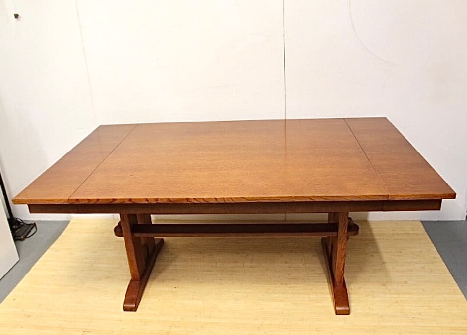 Vintage Bassett Furniture Oak Dining Set | Trestle Table 6 Chairs | Mission Style - OffCenterModern