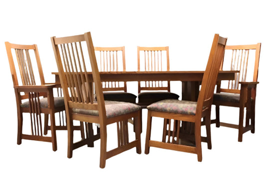 Vintage Bassett Furniture Oak Dining Set | Trestle Table 6 Chairs | Mission Style - OffCenterModern