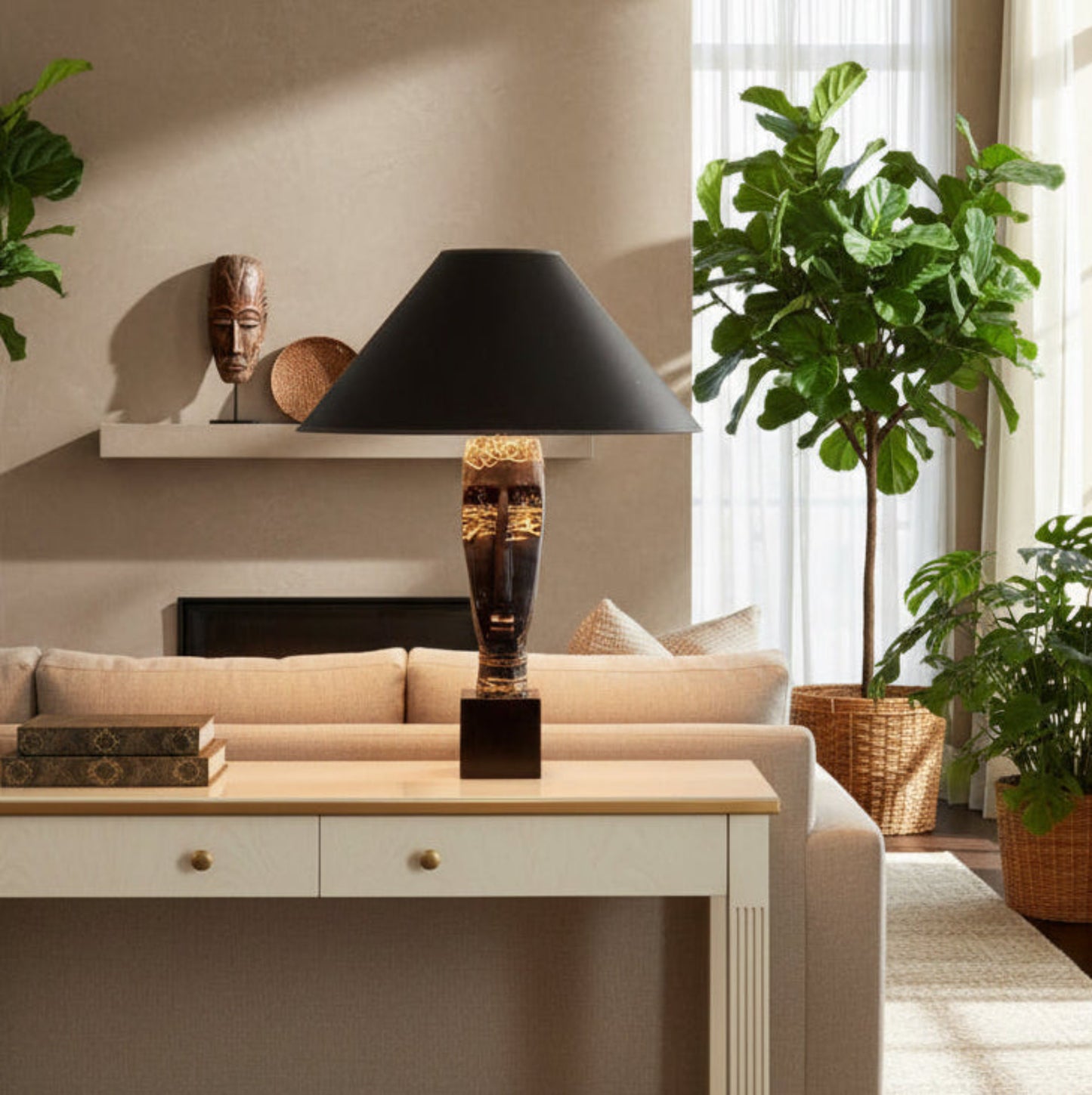 1950s Wooden Tribal Bust Table Lamp Black and Gold