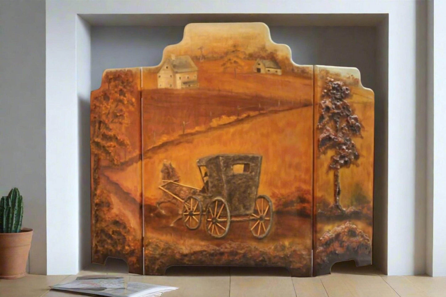 Antique Hand Painted Wood Fireplace Screen | Countryside Horse & Buggy - OffCenterModern