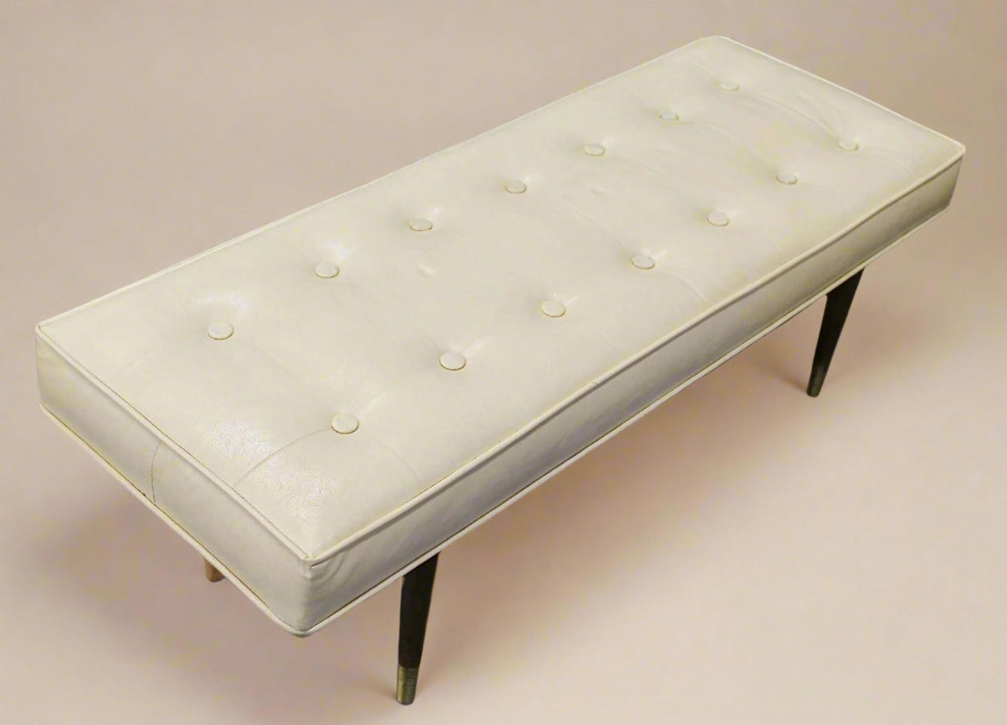 1950s Tufted White Leather Bench with Tapered Legs