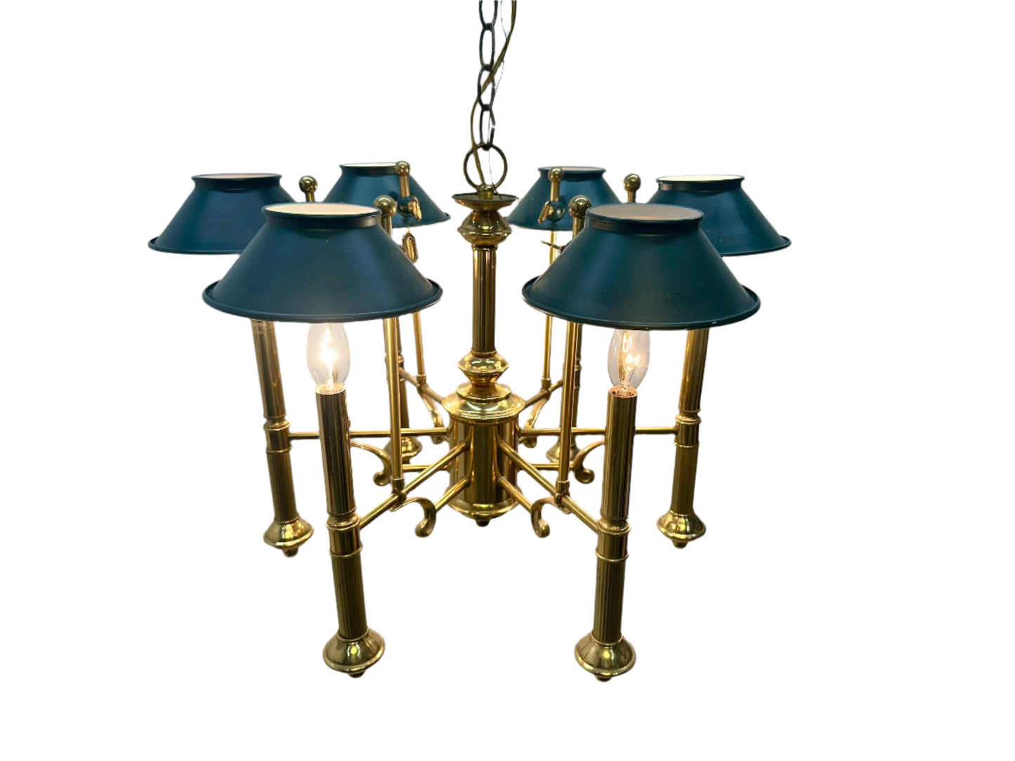 Vintage Lightolier 6 Arm Brass Chandelier with Green Shades from OffCenterModern