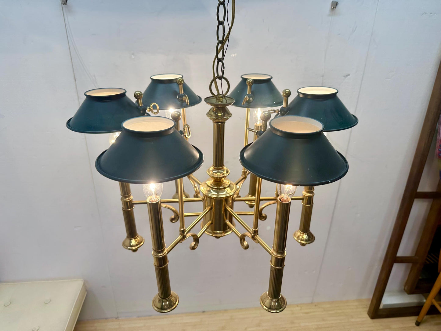 Vintage Lightolier 6 Arm Brass Chandelier with Green Shades from OffCenterModern
