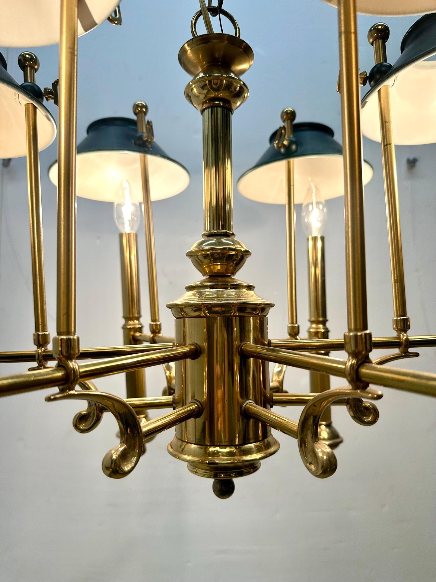 Vintage Lightolier 6 Arm Brass Chandelier with Green Shades from OffCenterModern