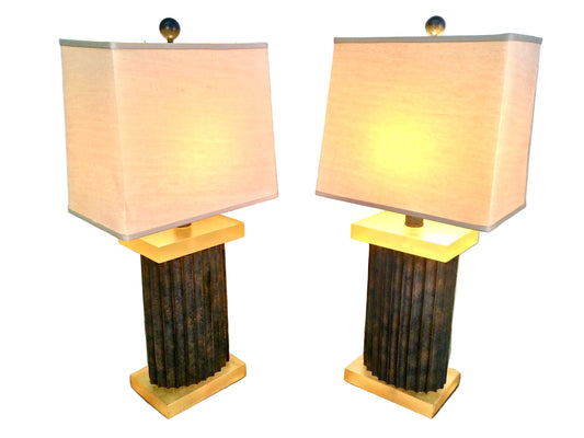 Pair Large Fluted Block Table Lamps
