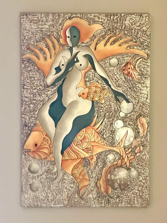 Large Surreal Painting of Sea Goddess Fish and Bubbles from OffCenterModern