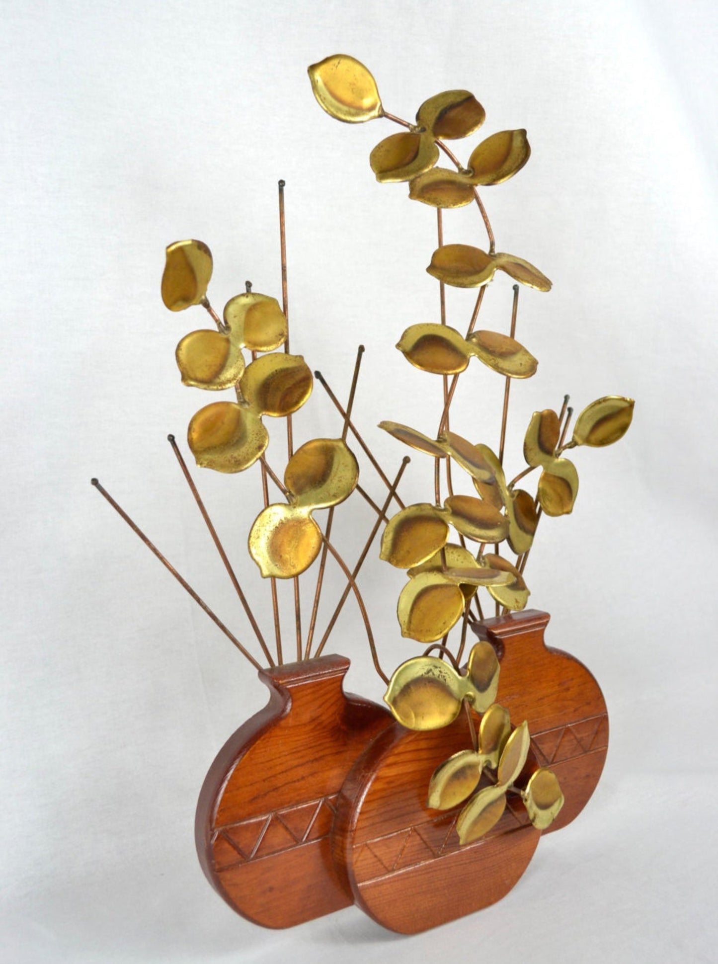 Tabletop Sculpture | Teak Vases & Brass Leaves
