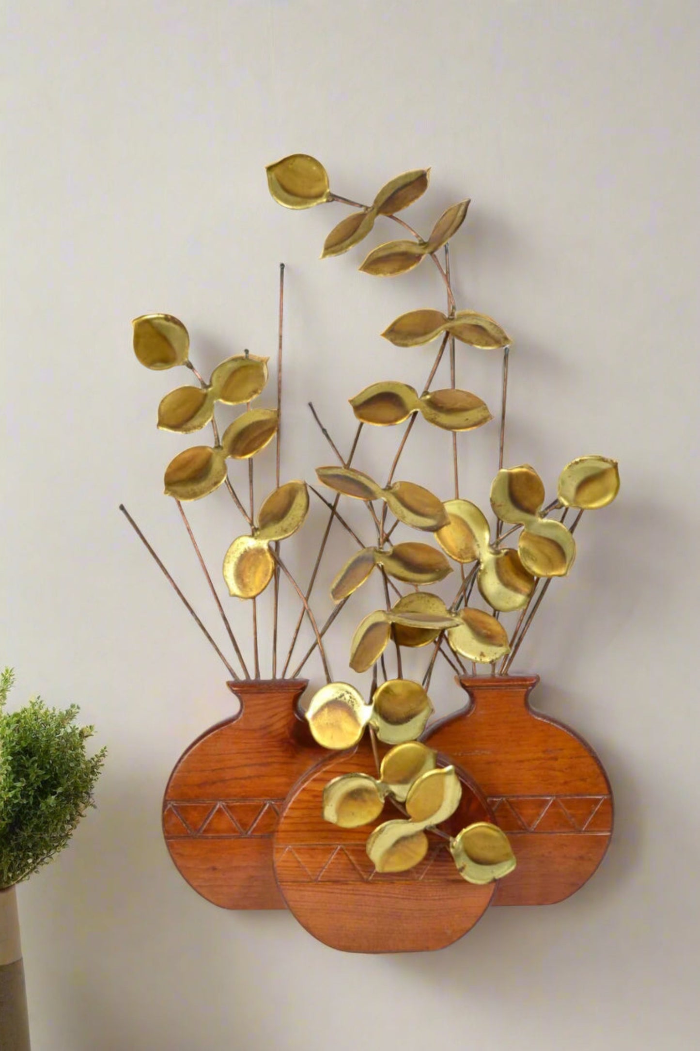 Tabletop Sculpture | Teak Vases & Brass Leaves