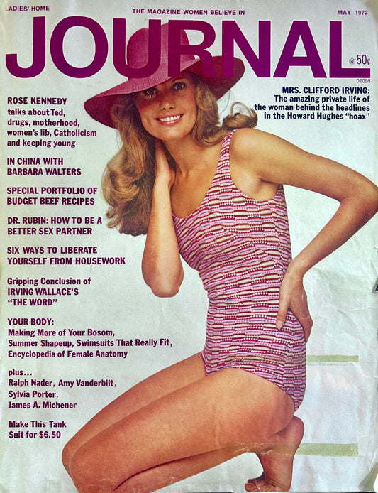 1972 Ladies Home Journal Cover with model in purple large brimmed hat and one piece swim suit