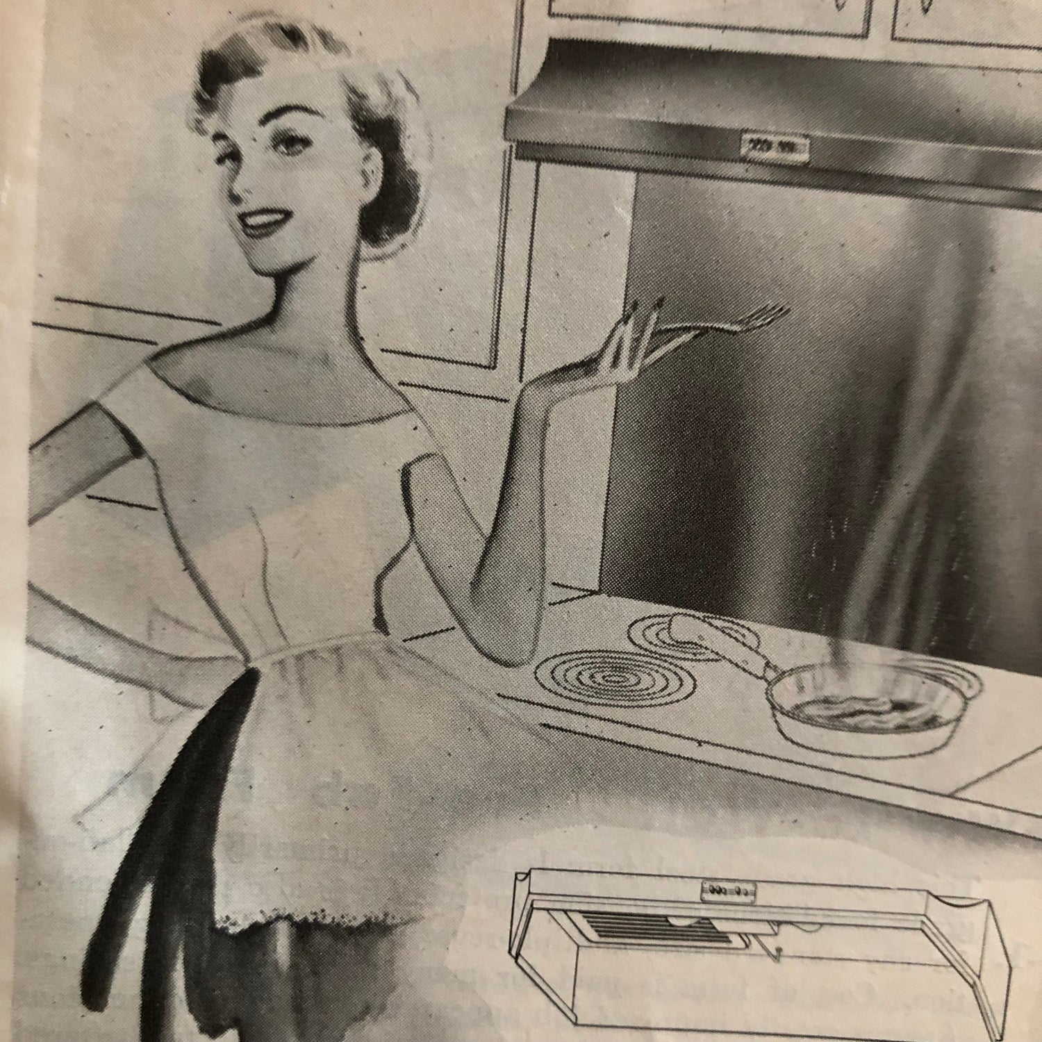 Vintage black and white illustration of woman cooking at stove holding a spatula and wearing an apron