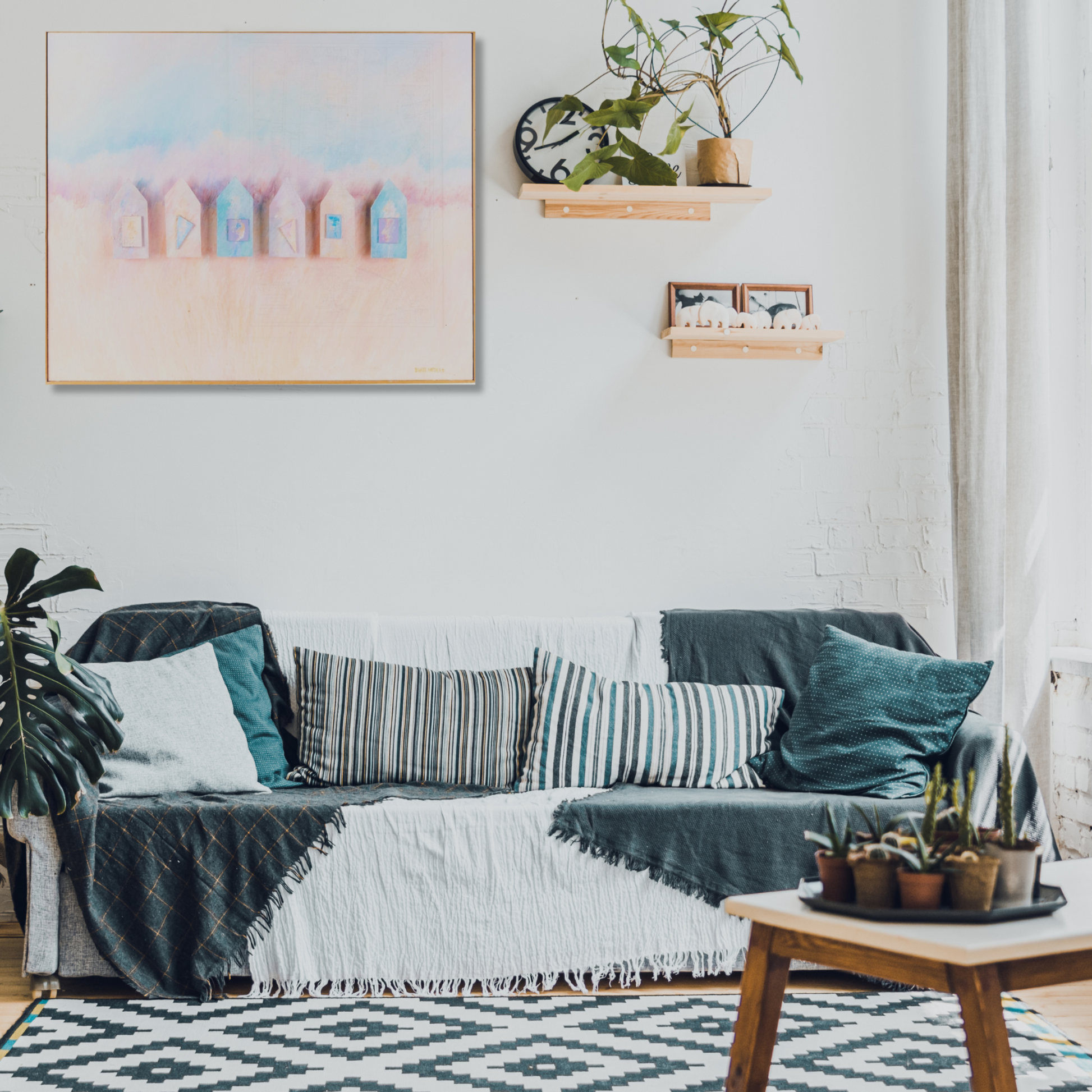 Vintage Abstract Art “Houses”. living room setting