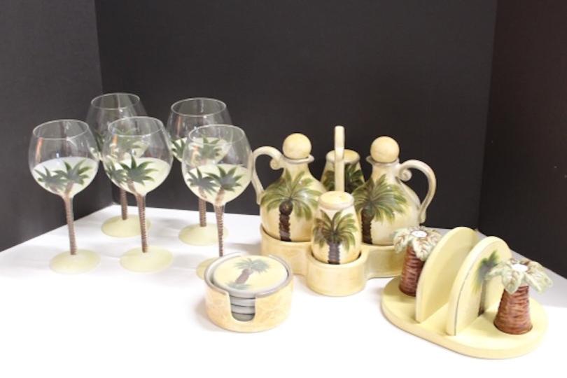 wine glasses, cruet set, salt and pepper shakers, drink coasters