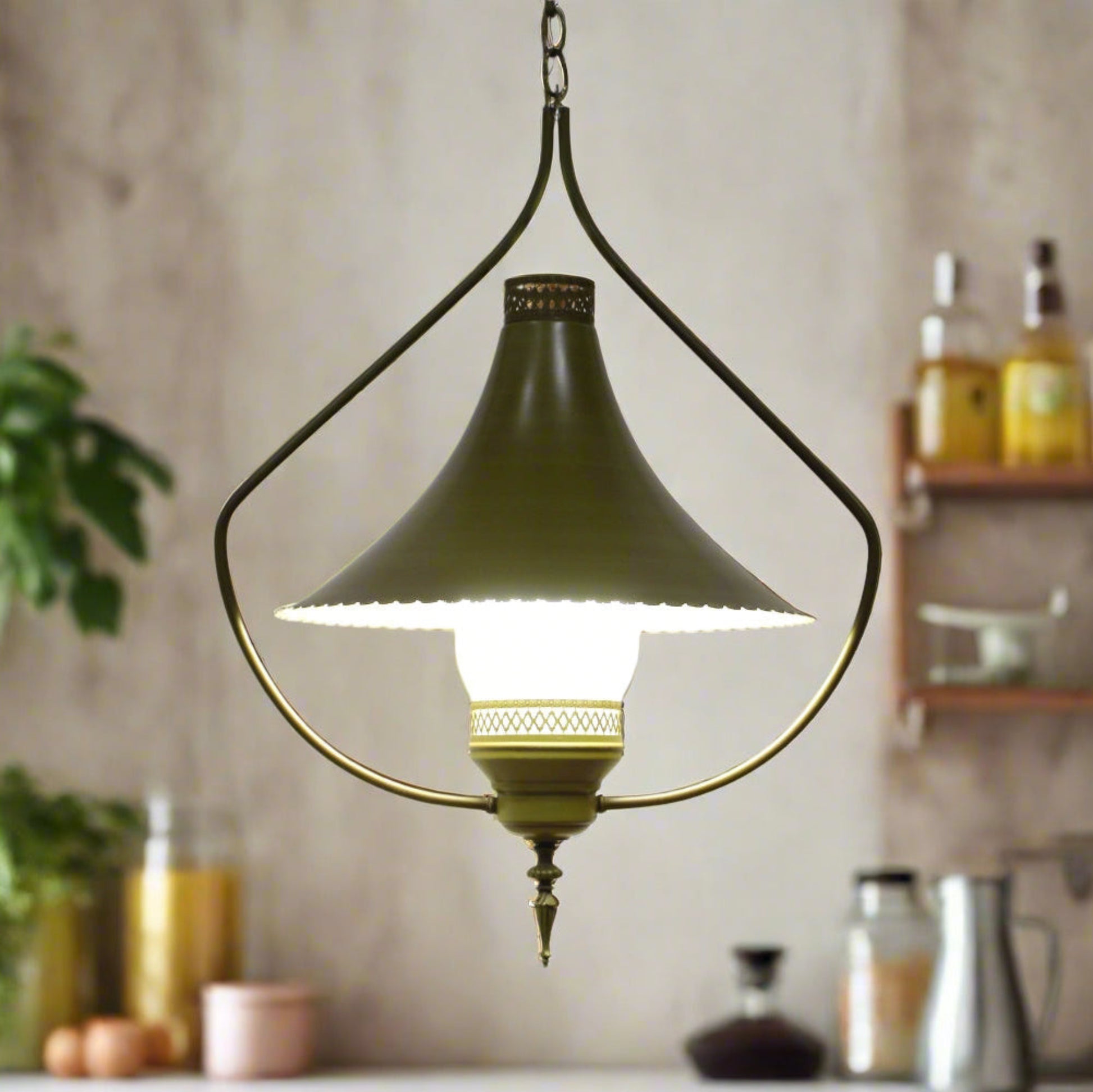 1950s The Feldman Co Green Lighting Fixture with Witch Hat Shade