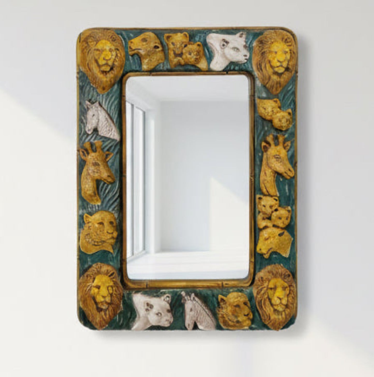Mirror framed with carved lions, tigers, giraffes, zebras, cougar, mountain lion,Large mirror