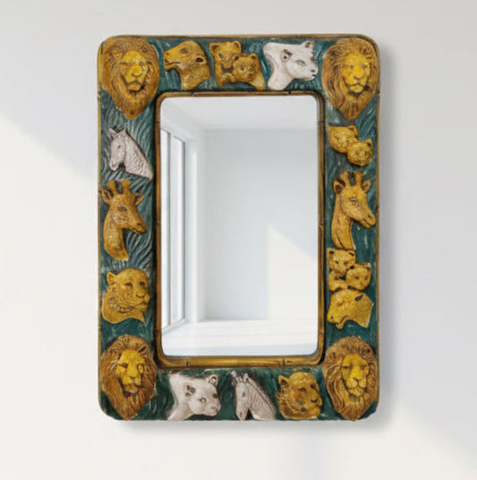 Mirror framed with carved lions, tigers, giraffes, zebras, cougar, mountain lion,Large mirror