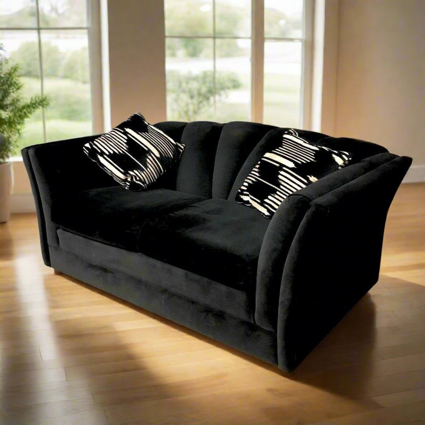 Upholstered Black Fabric Channel Back Loveseat, Upholstered Channel Tufted Back Loveseat 