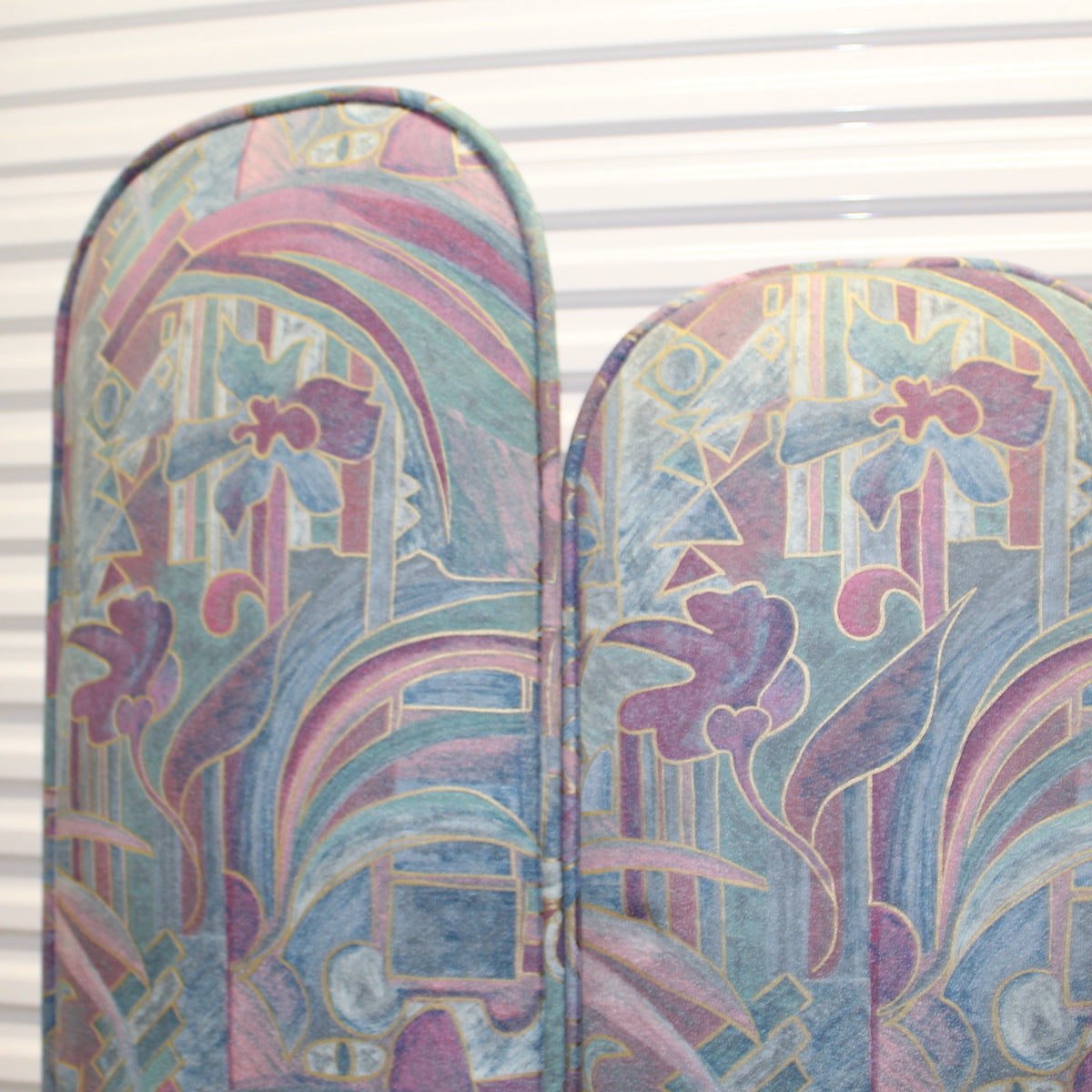 1980s Vintage Postmodern Upholstered 3-Panel Tiered Folding Screen Room Divider.