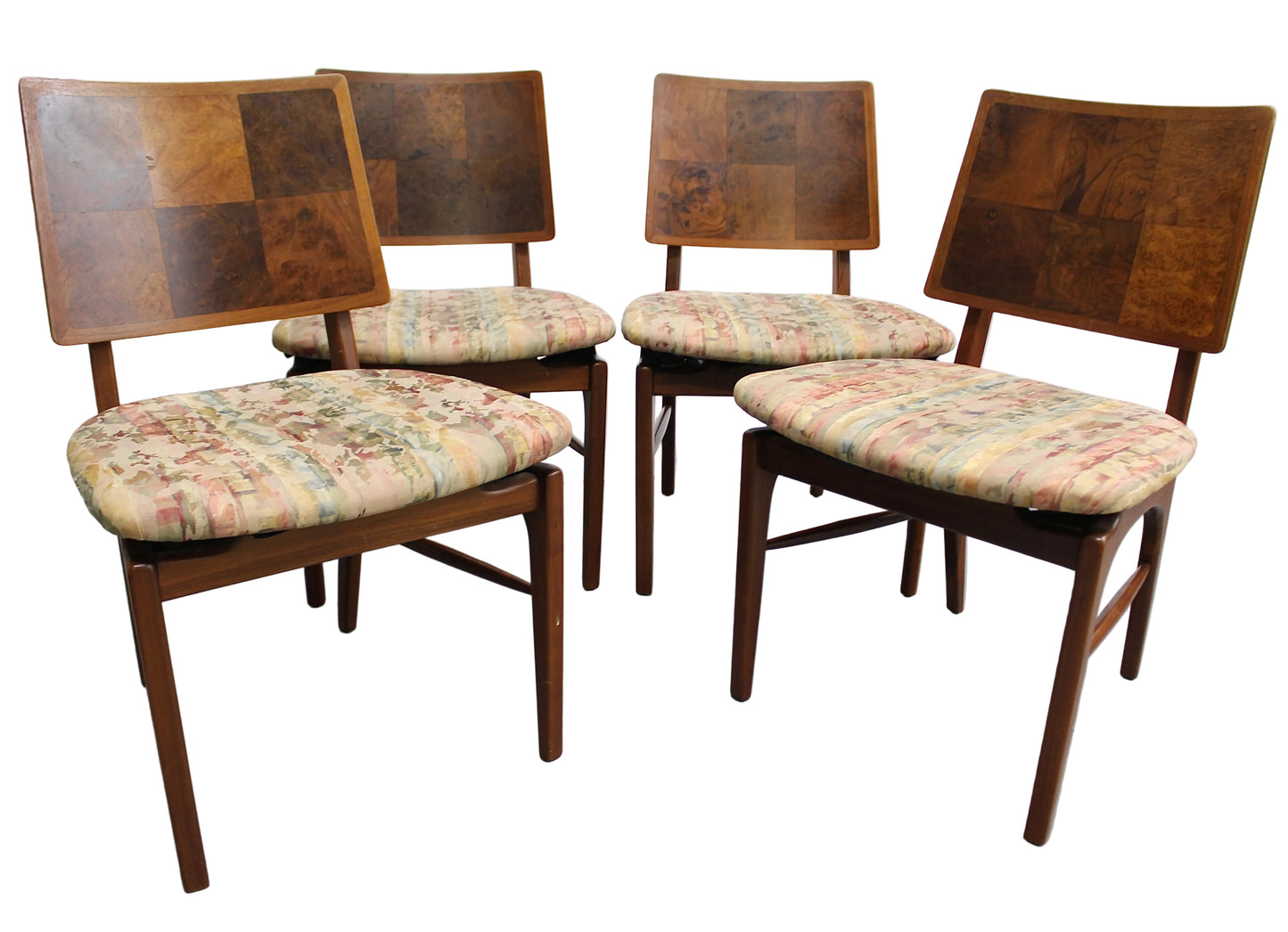 Set of 4 Mid-Century Modern Burlwood Dining Chairs – 1960s Sculpted Teak & Walnut