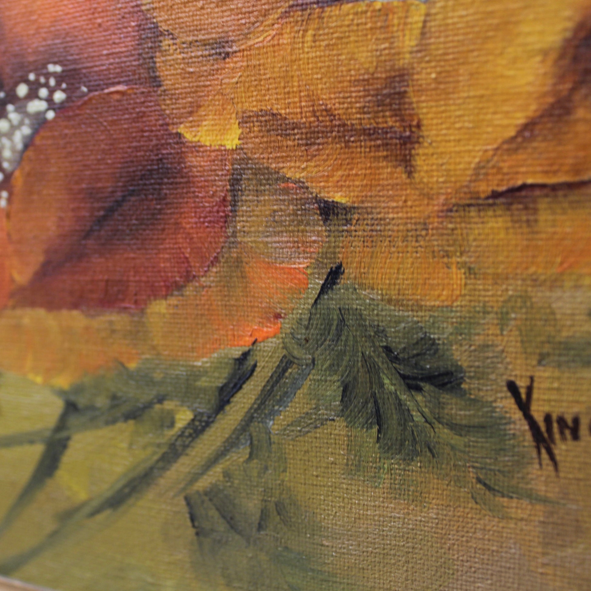 Close-up of orange poppy oil painting with thick impasto texture signed King".