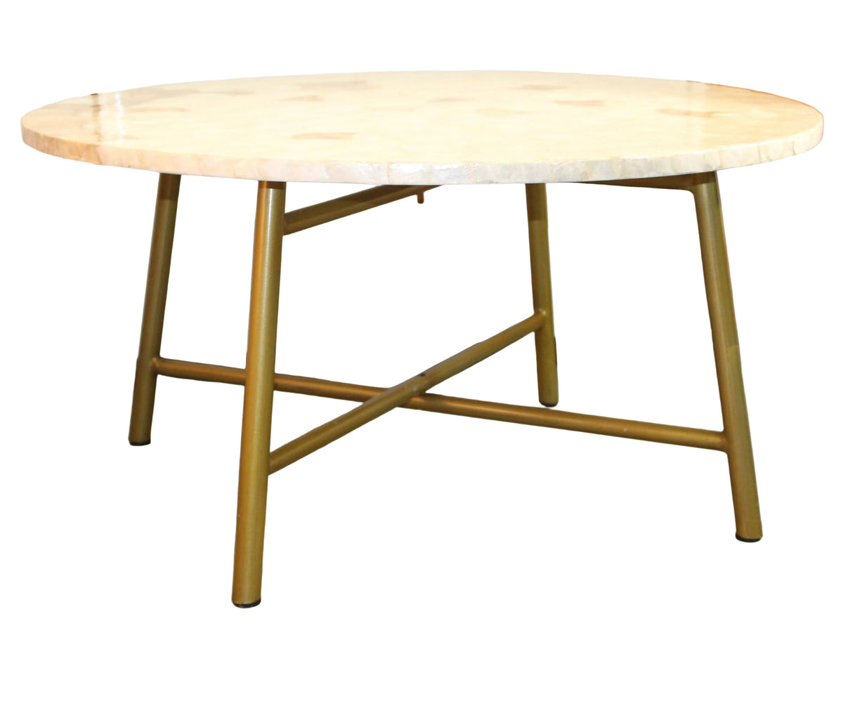 Round Capiz Shell Accent Table – Scalloped Inlay Top with Brass/Gold Legs.
