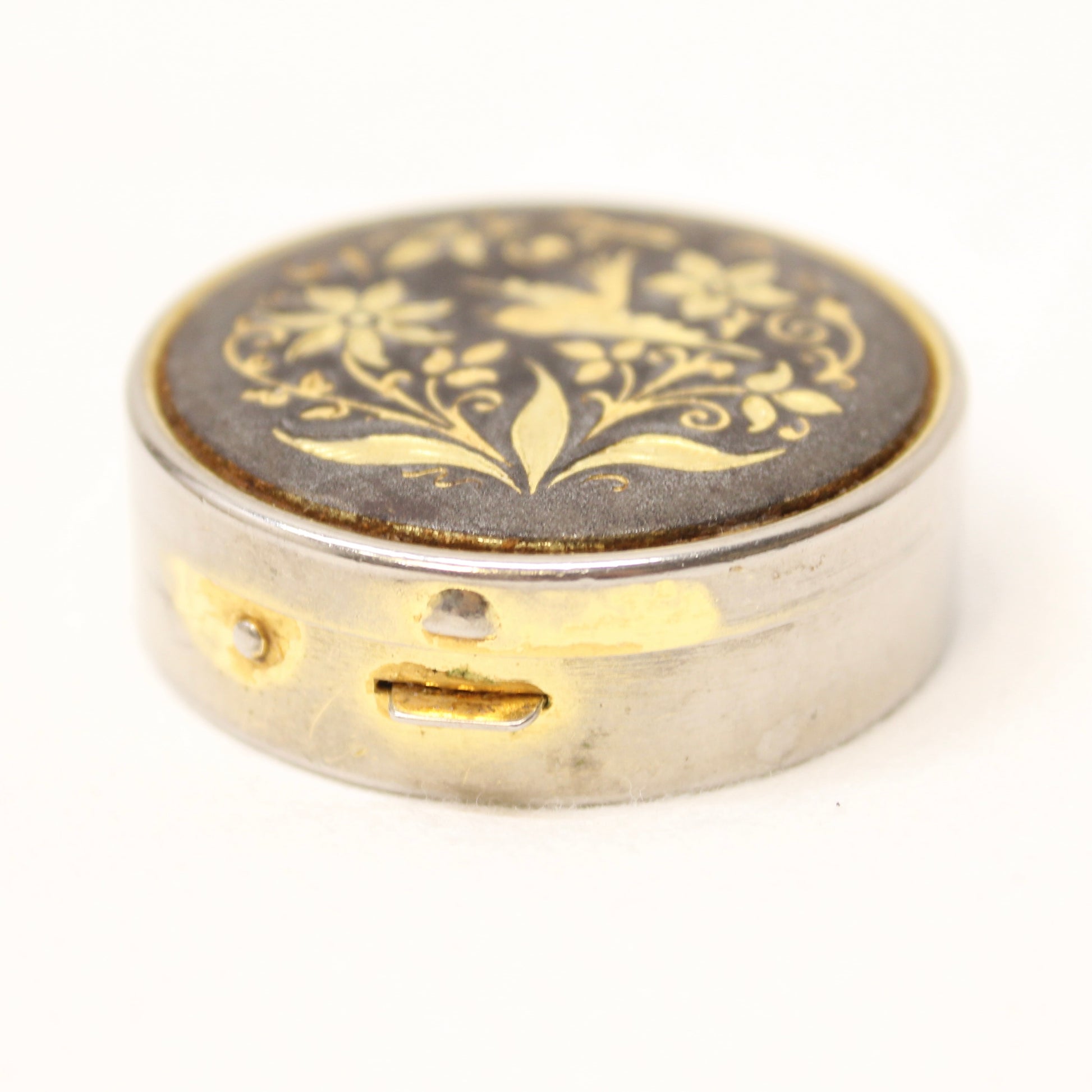 Vintage Spanish Damascene Pill Box – Hand-Inlaid Gold Bird & Floral Design. 