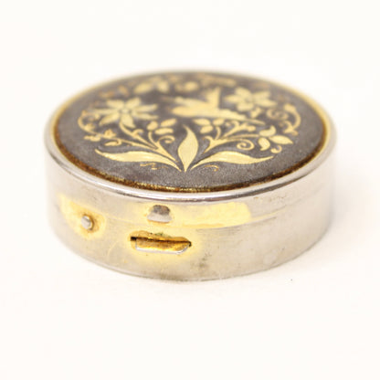 Vintage Spanish Damascene Pill Box – Hand-Inlaid Gold Bird & Floral Design. 