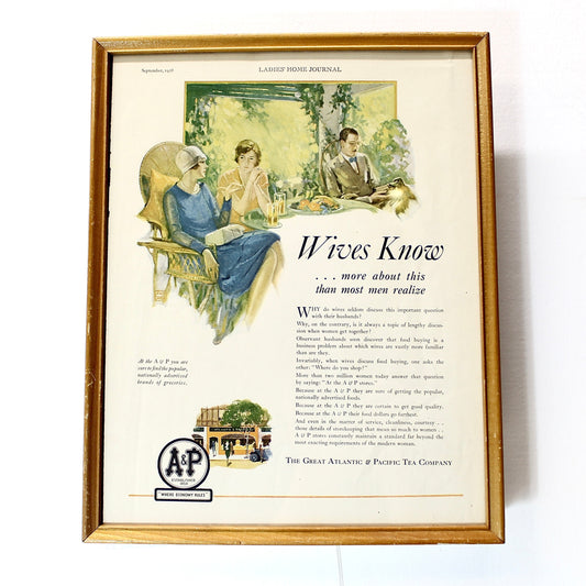 Vintage advertisement for The Great Atlantic & Pacific Tea Company (A&P). Originally published in the September 1928 issue of Ladies' Home Journal. 