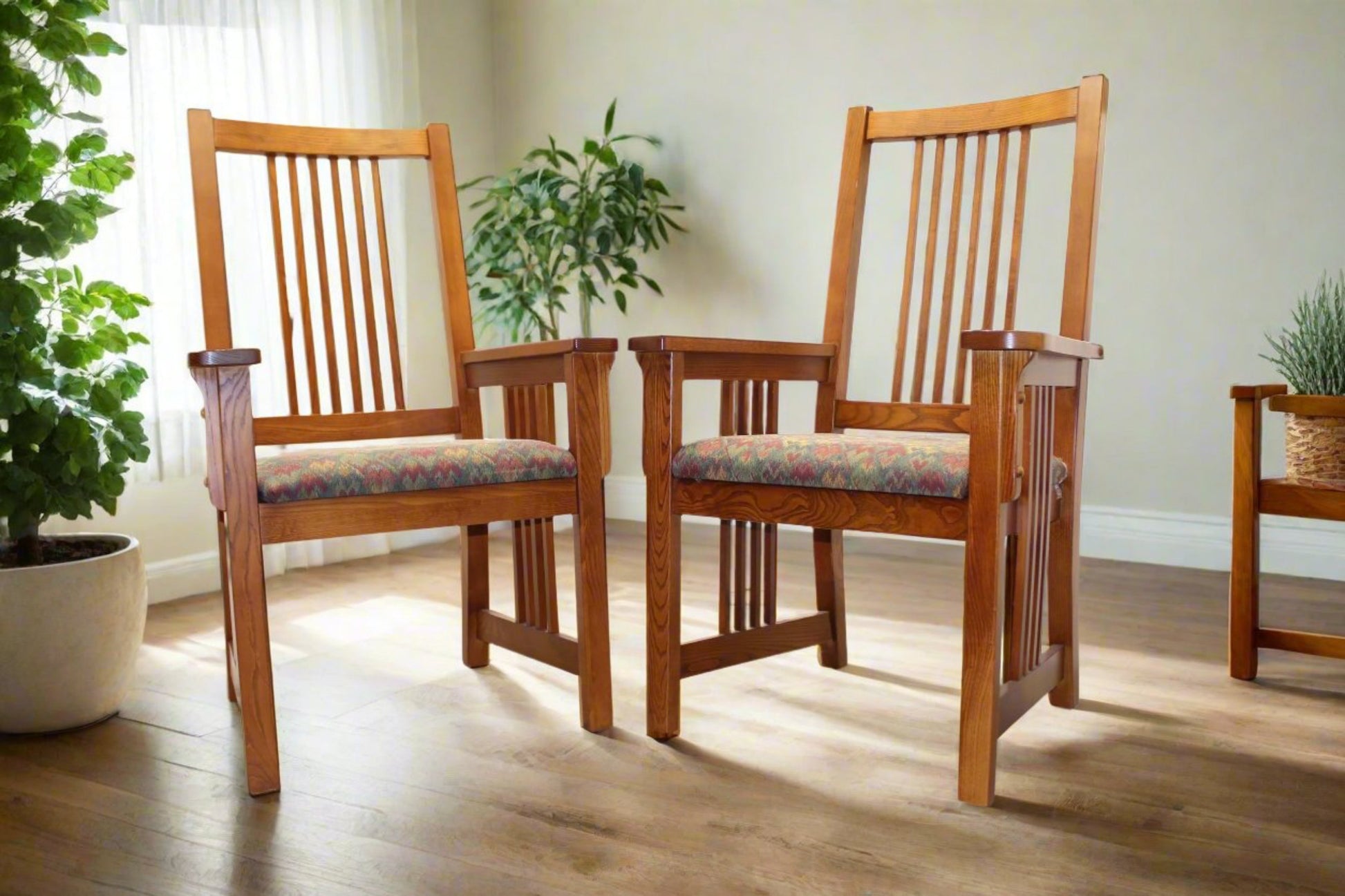 2-Pc Oak Mission Style Dining Armchairs