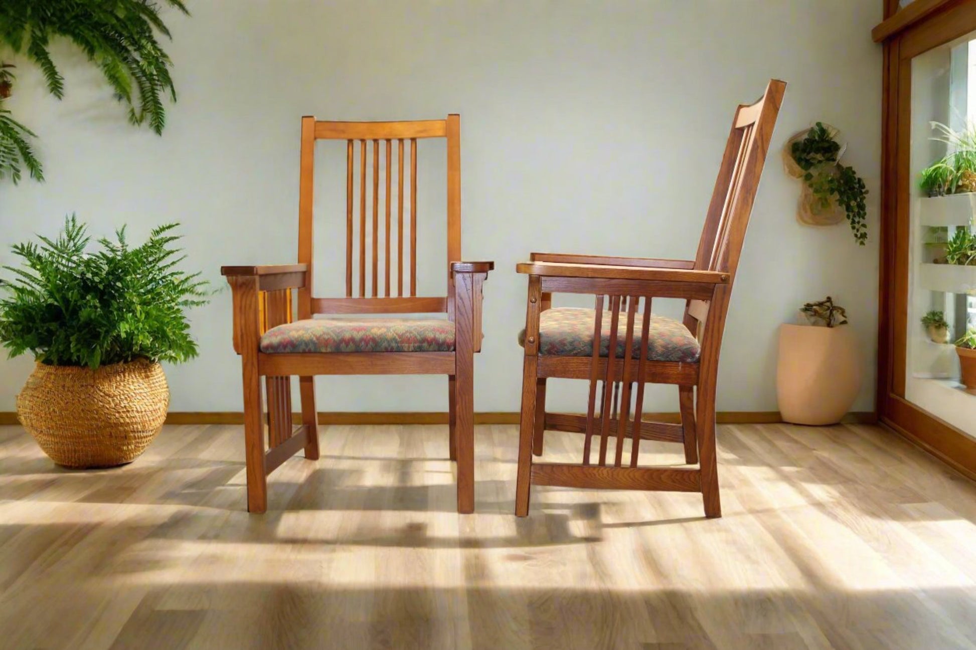 2-Pc Oak Mission Style Dining Armchairs