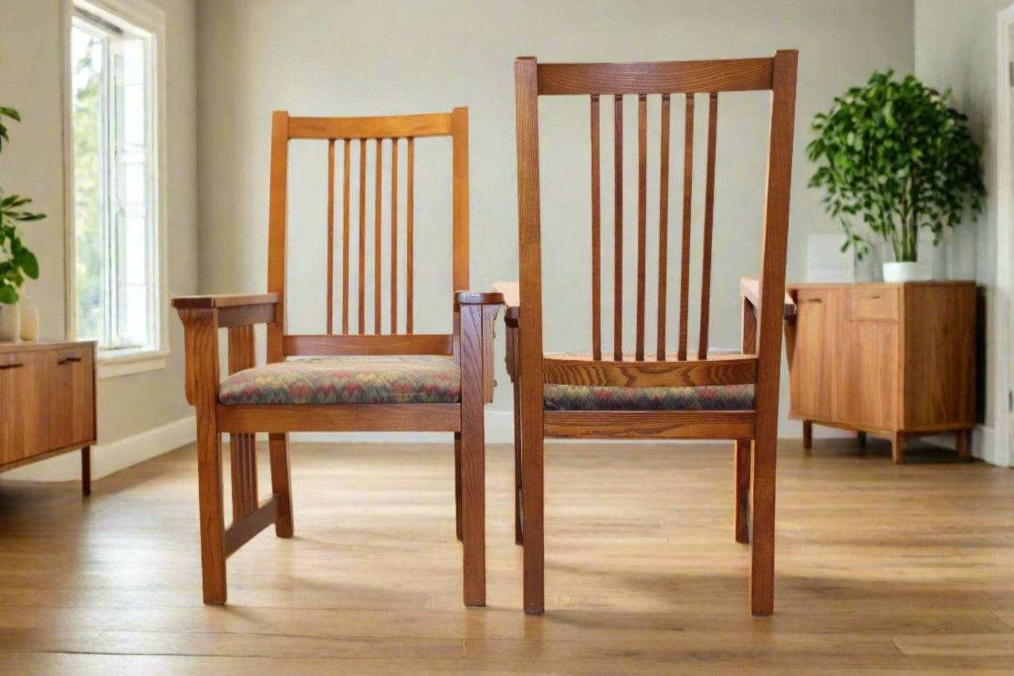 2-Pc Oak Mission Style Dining Armchairs