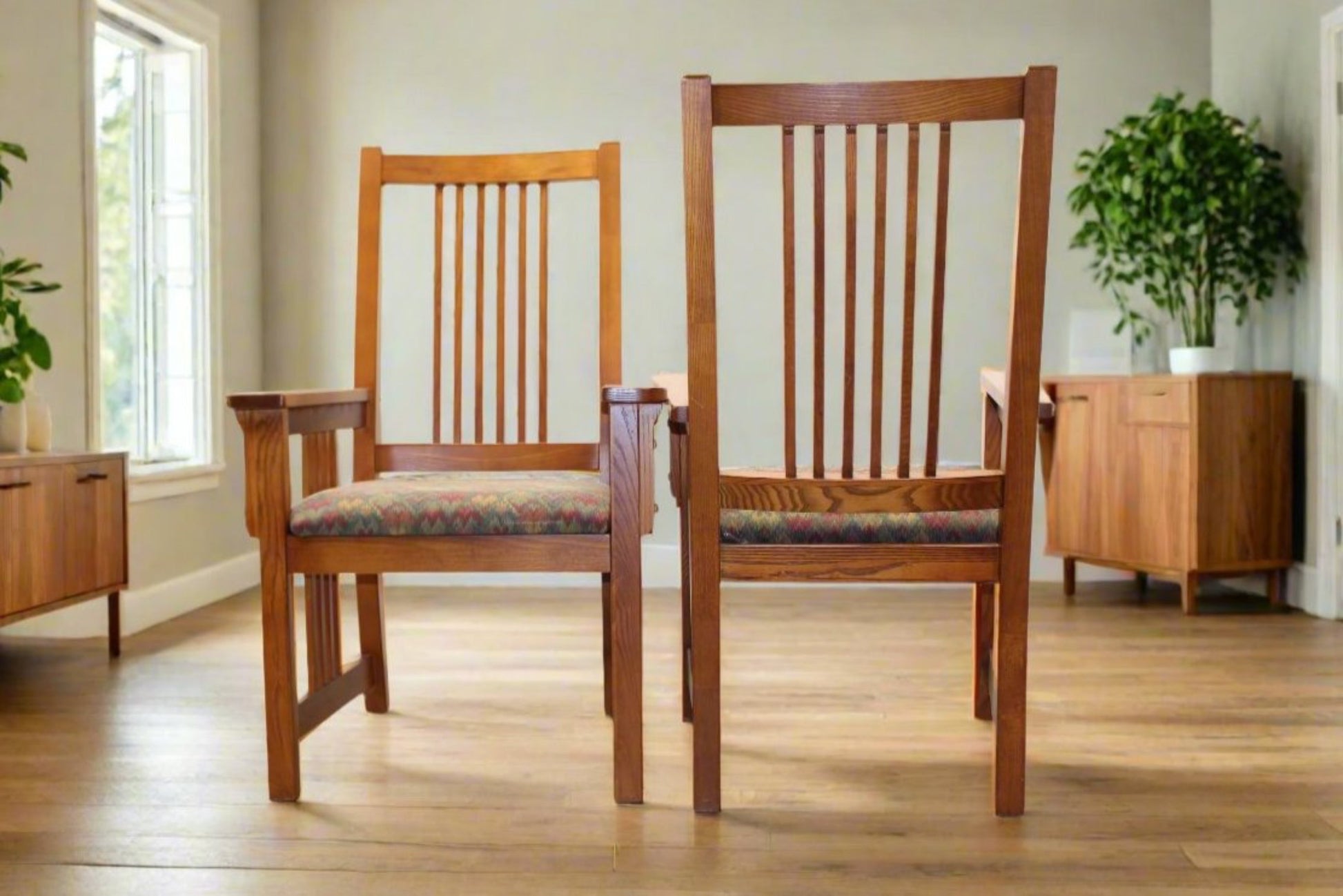 2-Pc Oak Mission Style Dining Armchairs