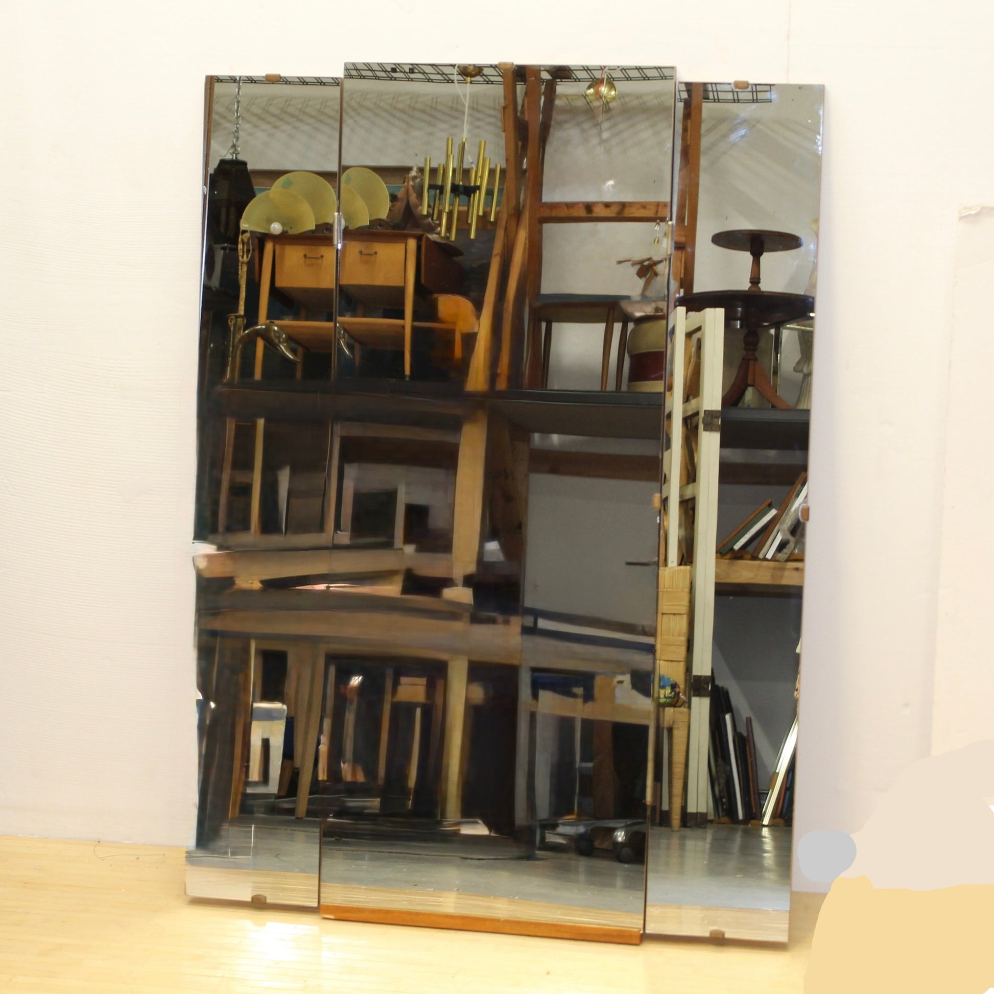 Large Vintage Wood-Backed Trifold Mirror