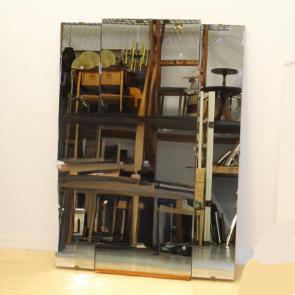 Large Vintage Wood-Backed Trifold Mirror