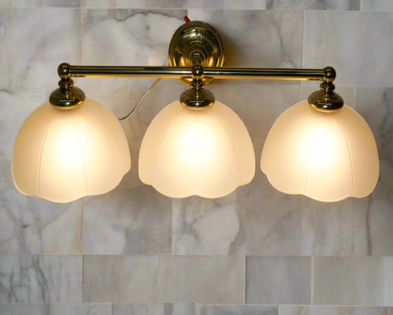 3 light brass and glass Wall Sconce, 3 light bathroom vanity.