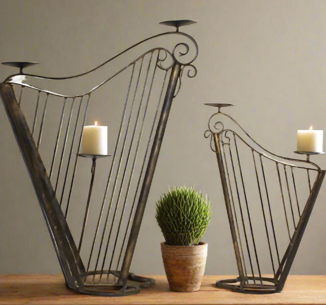 2 Large Metal harp Shaped Candle Holder