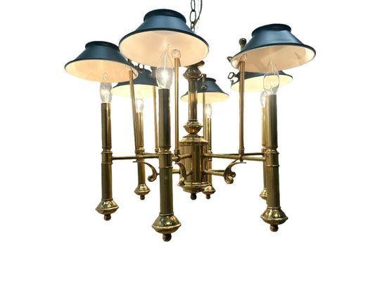 Vintage Lightolier 6 Arm Brass Chandelier with Green Shades from OffCenterModern