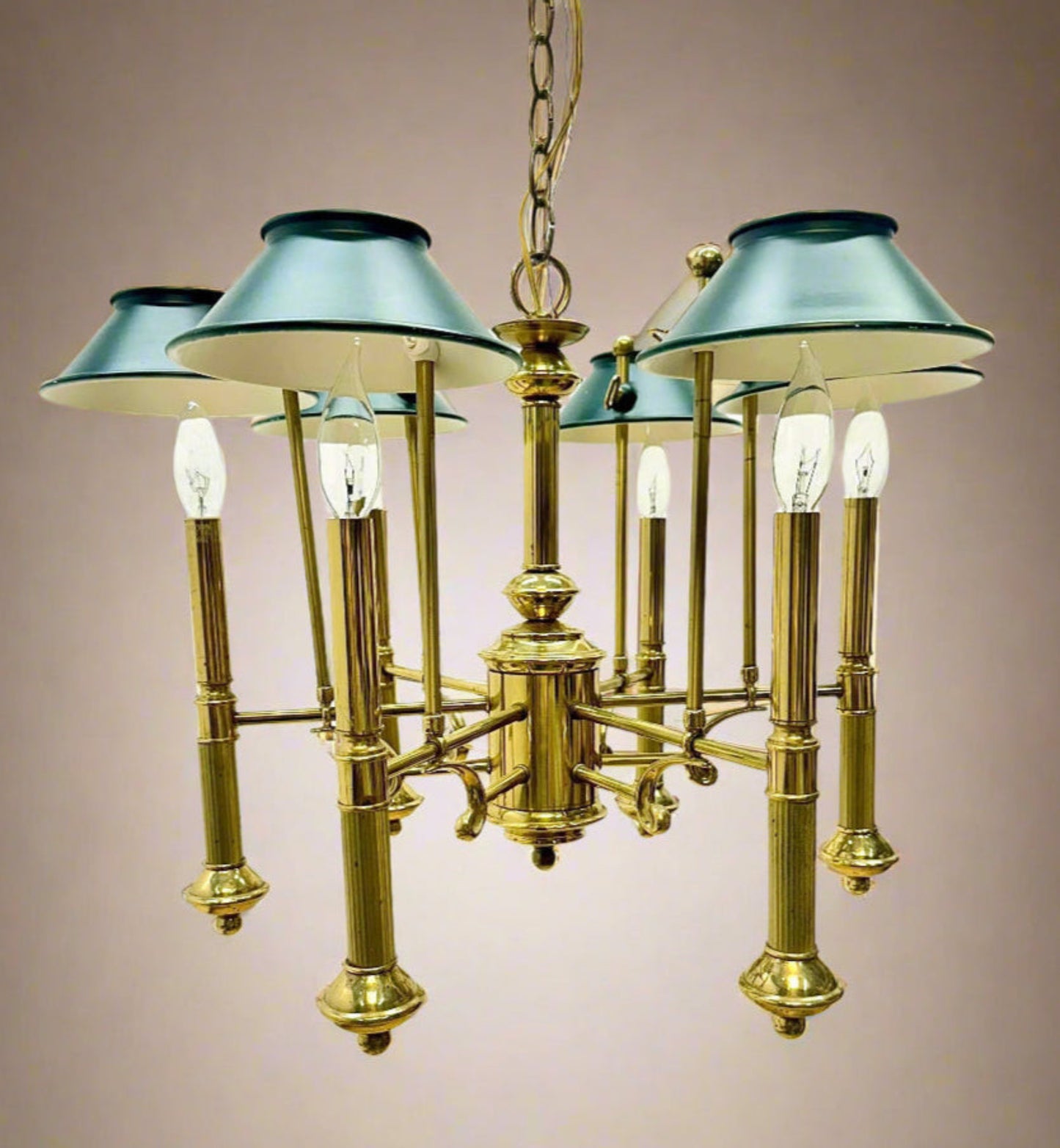 6 Arm Brass Chandelier with Green Shades