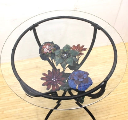 Metal Floral Glass Top Accent Table