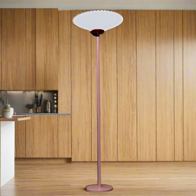 1960s Pink Torchiere Lamp Scalloped Shade