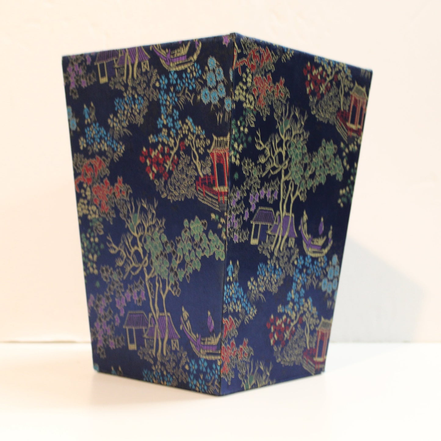 Navy blue Chinoiserie brocade square planter.