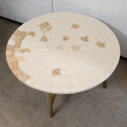 Round Capiz Shell Accent Table – Scalloped Inlay Top with Brass/Gold Legs.