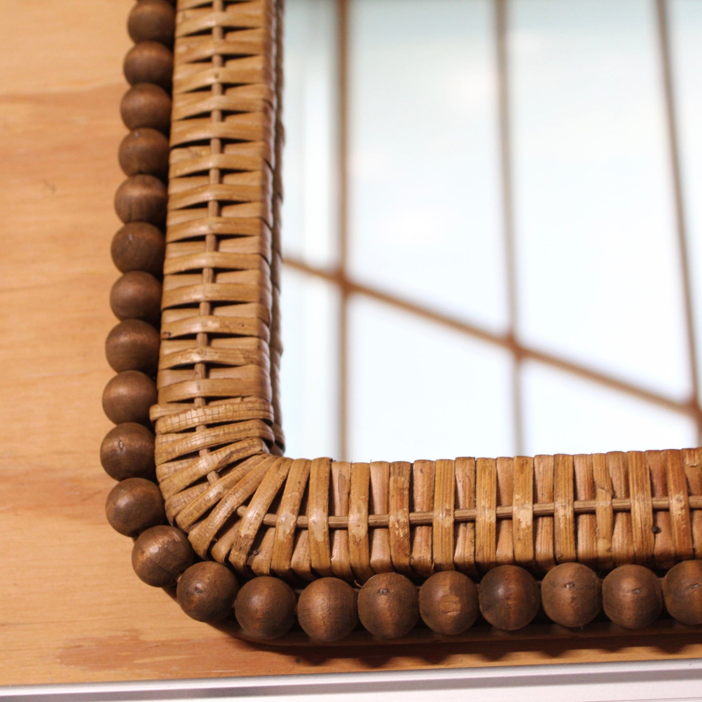Vintage Wicker & Wood Bead Arched Wall Mirror