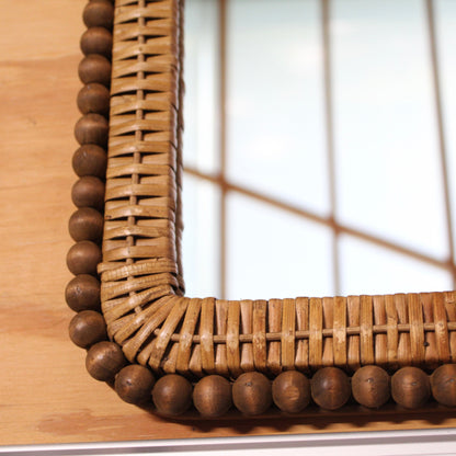 Vintage Wicker & Wood Bead Arched Wall Mirror