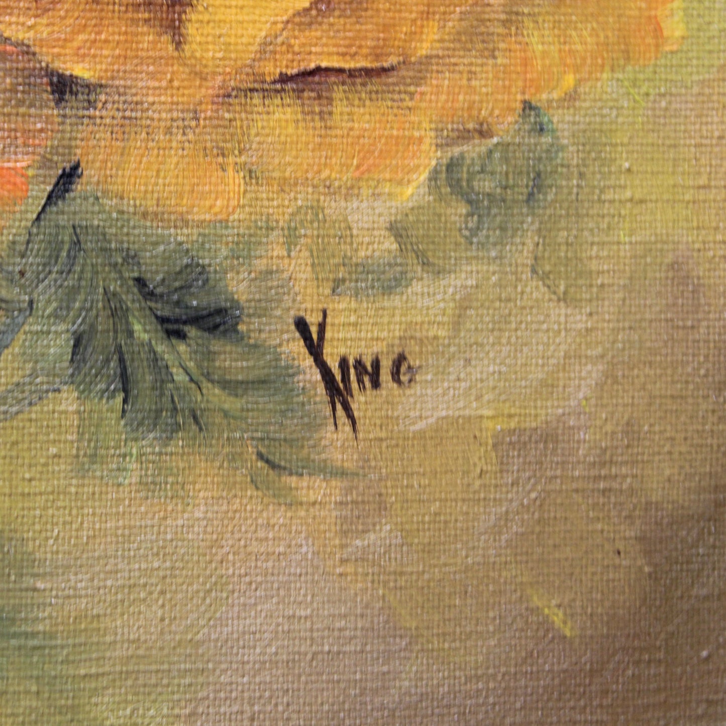 Close-up of orange poppy oil painting with thick impasto texture signed King".