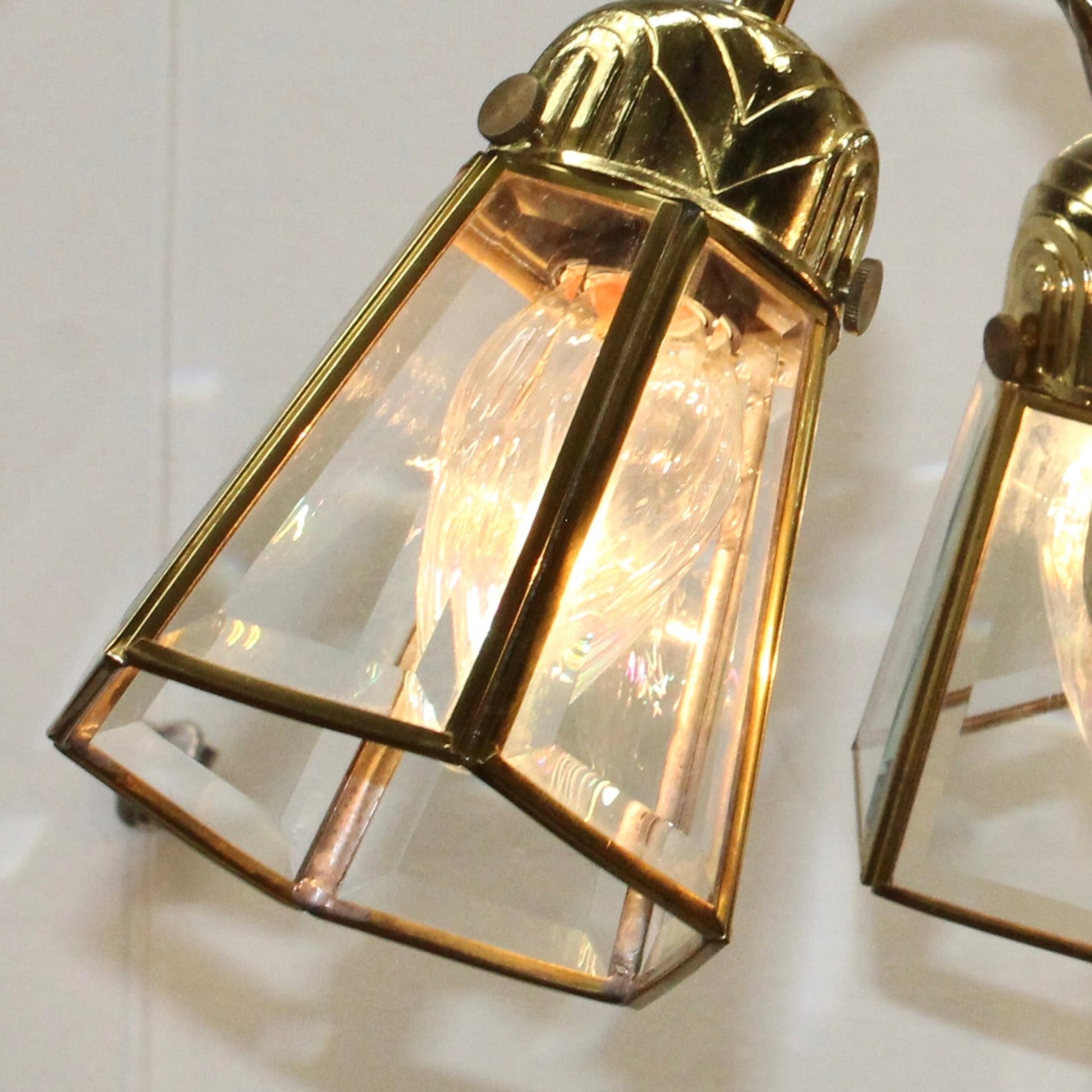 Vintage Adjustble 3 Arm Brass Plated Beveled Glass Chandelier