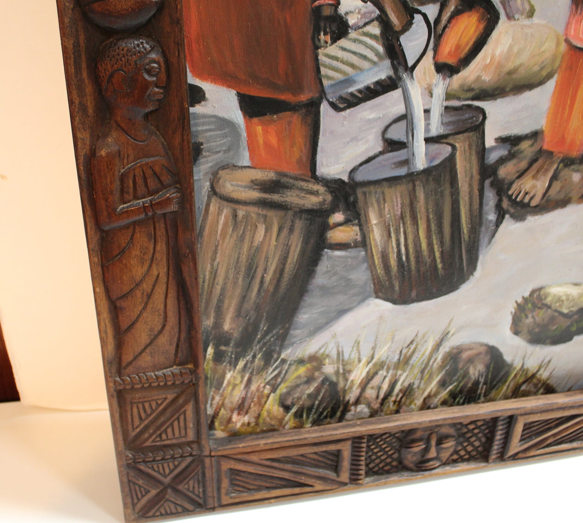 African Tribal Painitng with Caved Wood Frame