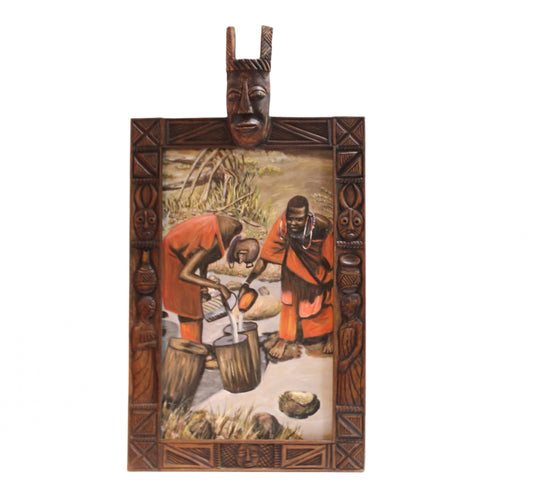 African Tribal Painitng with Caved Wood Frame