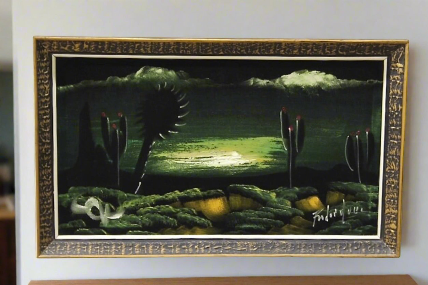 1960s Artist Signed Black Velvet Painting of the desert at sunset. 