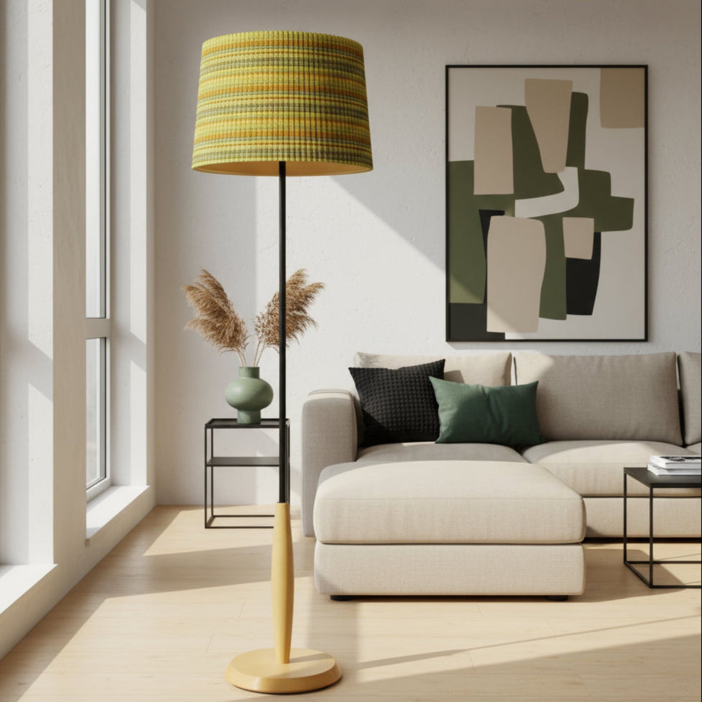 Pair Floor Lamps | 1990s Ash Wood & Smokey Glass Globes