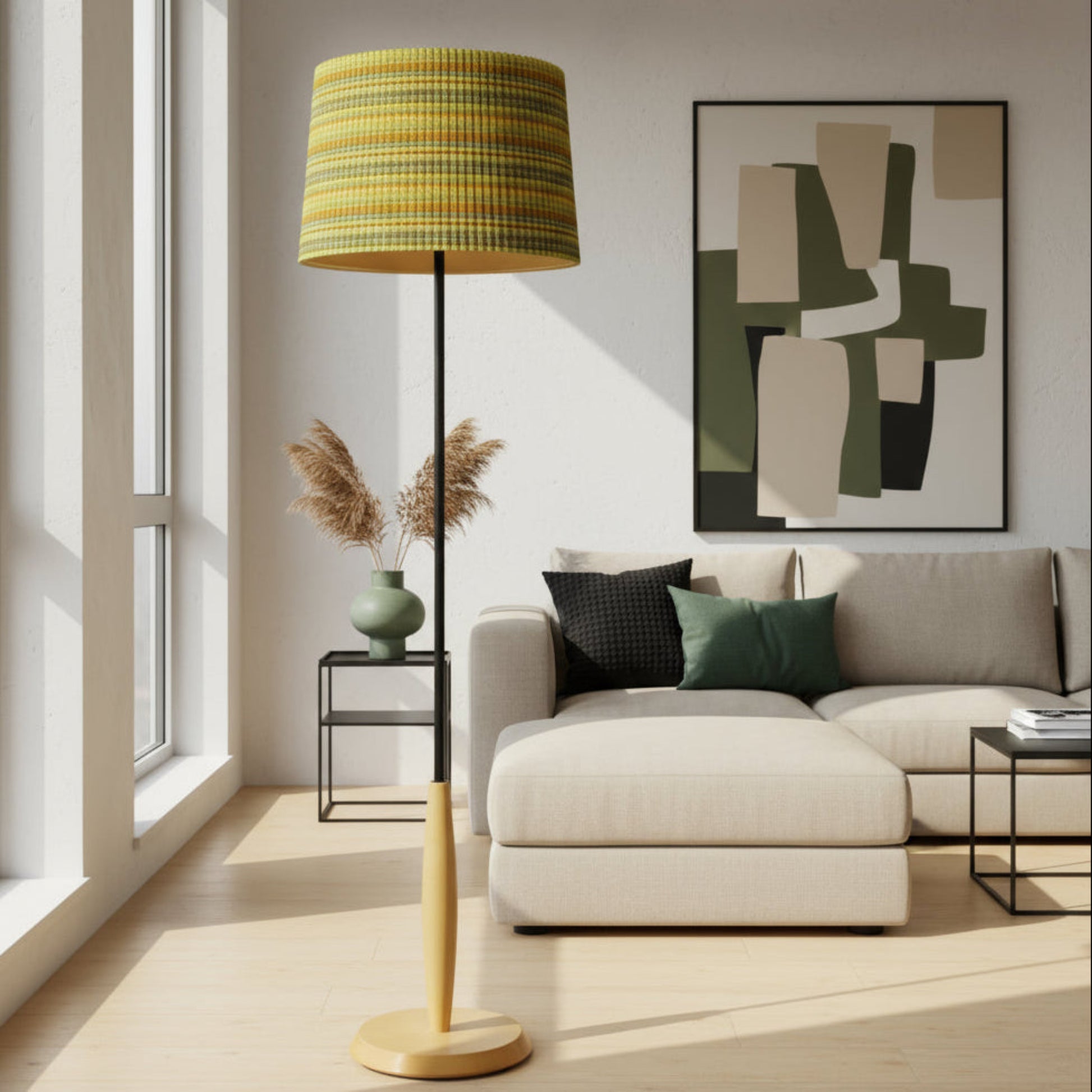 Pair Floor Lamps | 1990s Ash Wood & Smokey Glass Globes